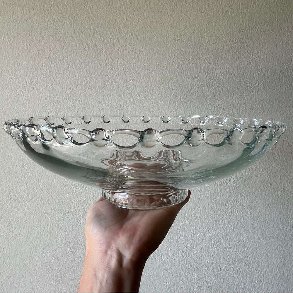 Elegant Antique Hand Blown Reticulated Clear Glass Serving Bowl